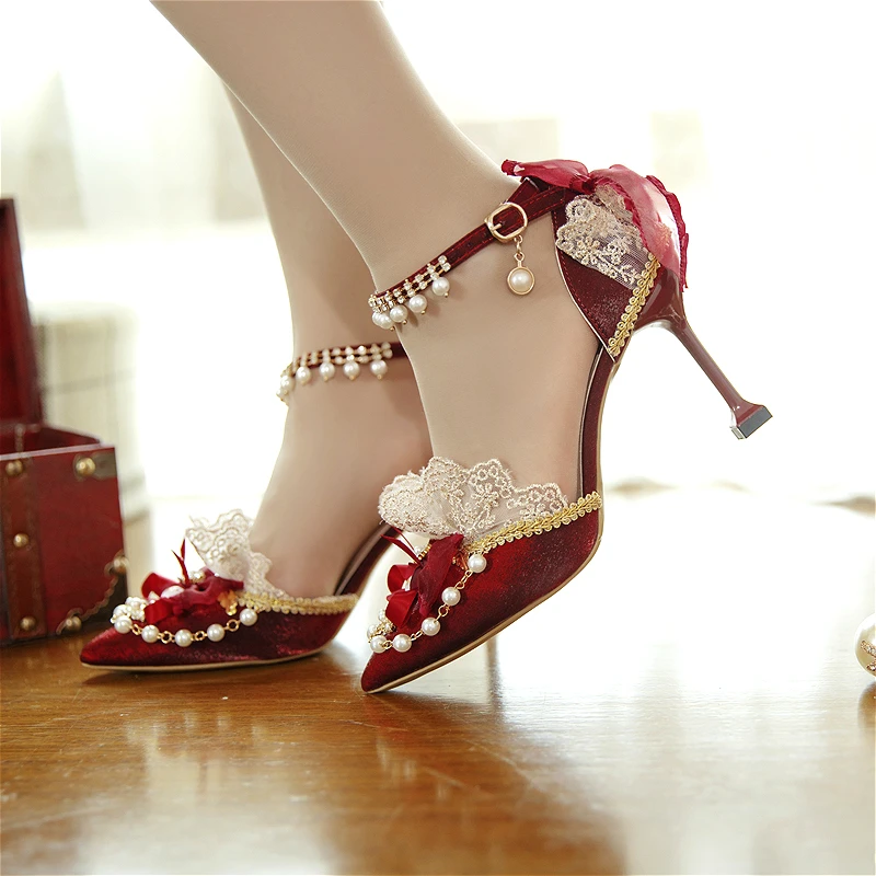 

Fashion Luxury Lolita Shoes Red Flower Wedding Pointed Thin Heel Bride High Heel 8CM Sandals Sweet Shoes Women Anime Kawaii Shoe