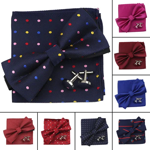 Imagen 2 del producto Conjunto de pajarita de poliéster sólido para hombre, corbata de moño de moda, pañuelo, gemelos, Bar, fiesta, boda, negocios, accesorios de uso diario, 3 piezas