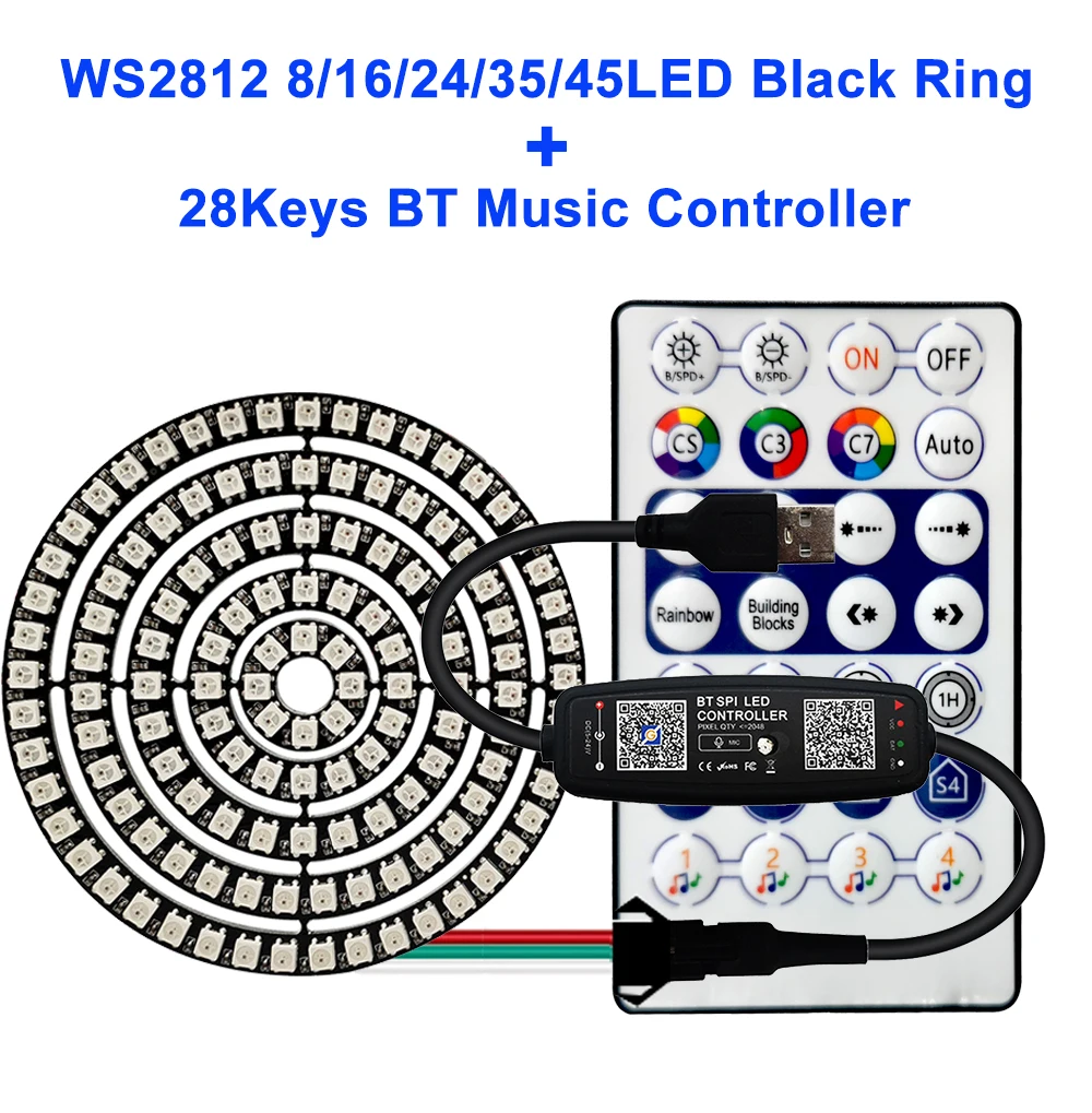 FUNZENXIN WS2812B Individuell adressierbarer LED-Ring 5050 RGB mit USB 28 Tasten Bluetooth-Musik-Controller-Kit BuiIt-in 8/16/24/35/45 Pixel 9
