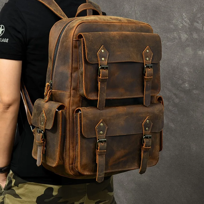 Vintage Full Grain Genuine Leather Men\'s Backpack Large Hiking Bagpack Cowhide Mochila 17\