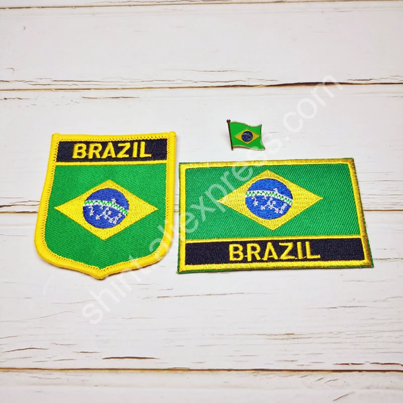 Brazil National Flag Embroidery Patches Badge Shield And Square Shape Pin One Set On The Cloth Armband Backpack Decoration Gifts