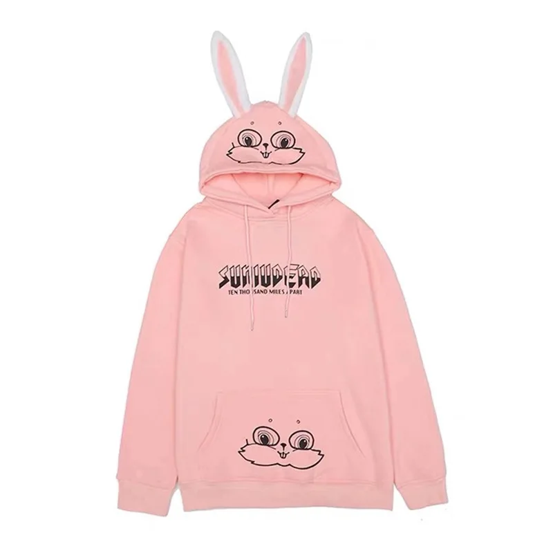 Sudadera con capucha de orejas largas de conejo de felpa para mujer, suéter Kawaii con bolsillo grueso, prendas de vestir a juego, primavera y