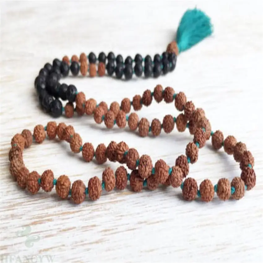 

8mm Rudraksha lava Gemstone Mala Necklace 108 Bead band Tassel pray Buddhism Unisex Sutra Tassel Buddhist Chakas energy Prayer