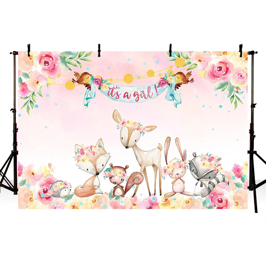 Baby Shower Backdrop Wild Animals Forest Party Pink Floral Flowers Bunny Girl Birthday Photography Background Photo Studio Decor