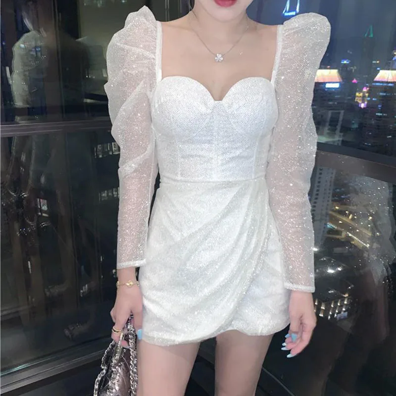 Dresses Woman White Mesh Sequin Bubble sleeve Dress Women Mini Night Club Party Dress Sexy V Neck Bodycon Shiny Dress Vestidos