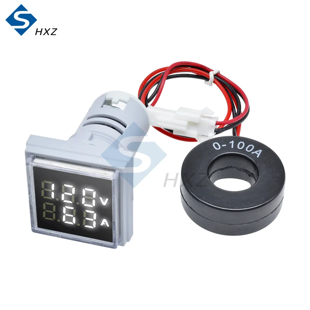 Amperímetro Digital de 22MM 0-100A 60-500V, medidor de corriente/medidores de voltaje, indicador Led, lámpara cuadrada, luz de señal 2 en 1
