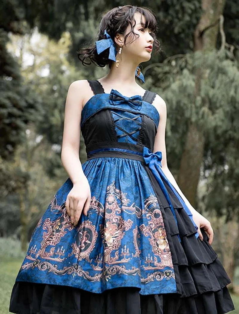 Robe de princesse gothique lolita pour filles, tenue vintage falbala taille haute imprimée style victorien, kawaii, lolita jsk loli