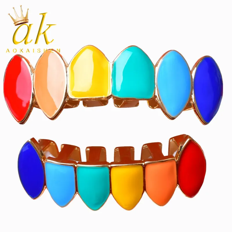 Shining Hip Hop Grillz Iced Out CZ Fang Mouth teeth grills Caps Top & Bottom tooth Set Men Women Vampire Grills Fashion Jewelry