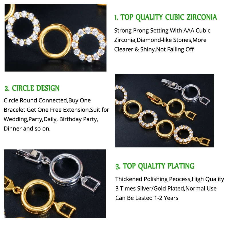 BeaQueen New Fashion Shiny Cubic Zirconia Paved Circle Round Hollow Out Dubai Gold Color Tennis Bracelets for Women Jewelry B183