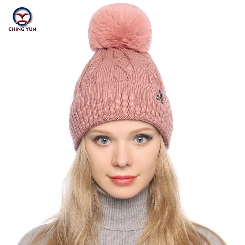 

New Autumn Winter New Knitted Hat For Women Fashion Big Hair Ball Plus Velvet Double Thick Winter Warm Hedging hats Ear muff cap