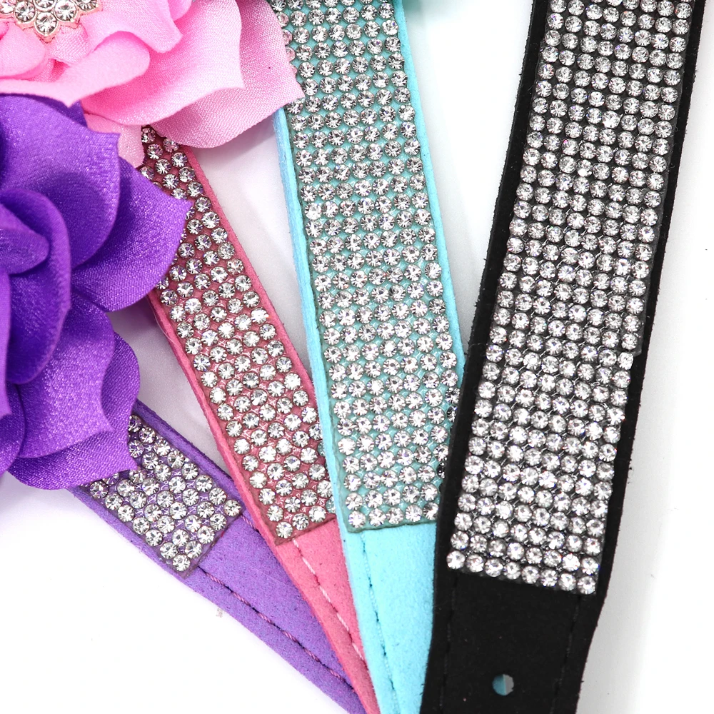 Bling Rhinestone Dog Collar With Flower Accessory Soft Suede Leather Cat Puppy Collars Necklace For Small Medium Dogs Cats