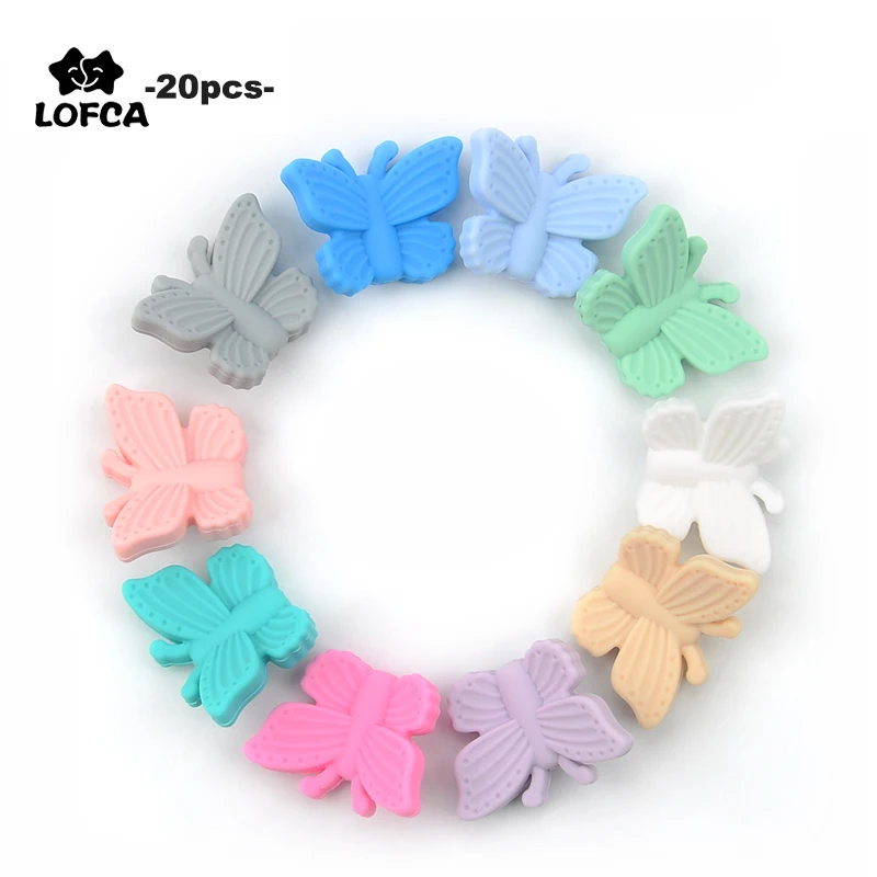 LOFCA 20pcs  Butterfly Beads Silicone Teethers BPA Free DIY Loose Bead For Teething Necklace Animal Shaped Cute Teething Toys