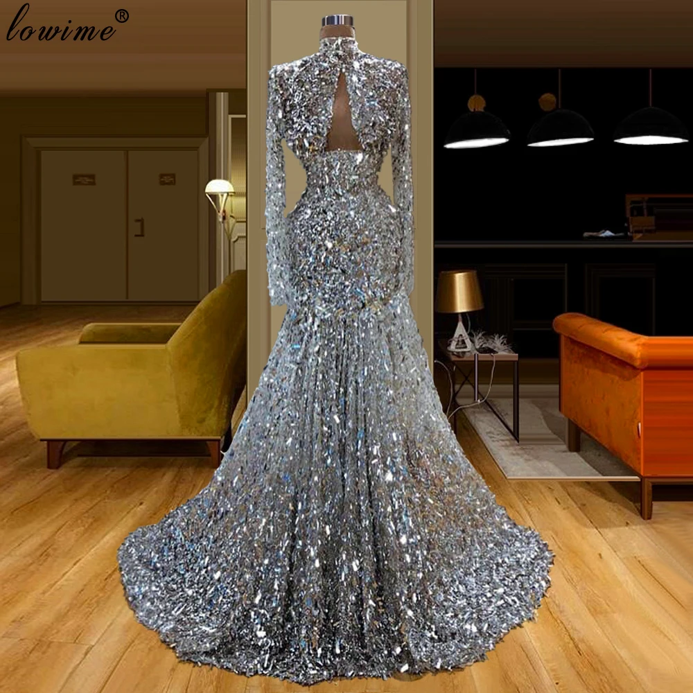 Dubai Silver Sequins Long Prom Dresses Mermaid High Neck Women Party Dress Middle East Evening Dress вечернее платье Vestidos