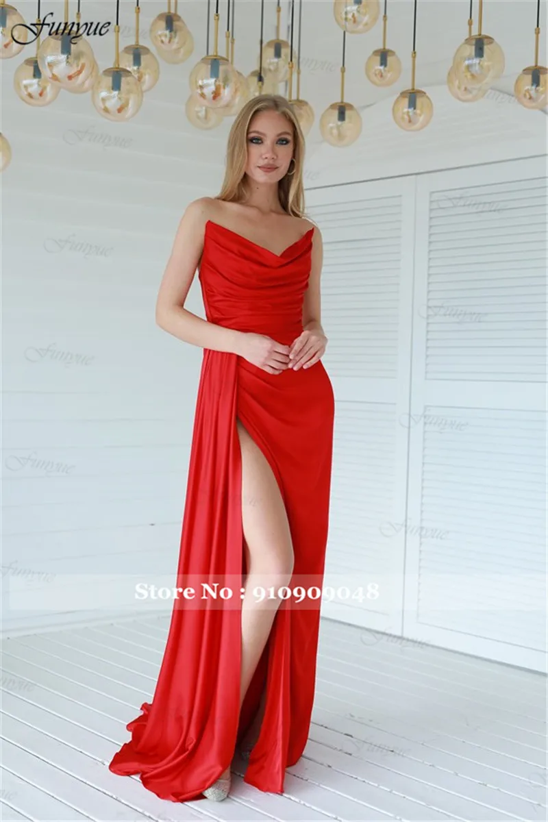 Elegant Off Shoulder Evening Dresses 2025 Sexy High Split Prom Dress Mermaid Satin Simple Plus Size Formal Party Night Gown Long