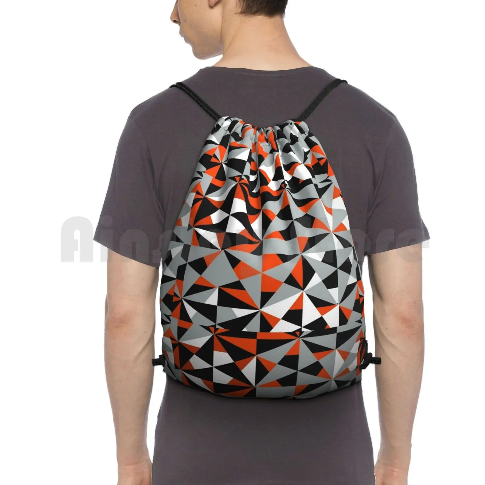 Funky Modern Orange Black White Grey Geometric Abstract Angle Shapes Pattern Backpack Drawstring Bag Riding Climbing Gym Bag