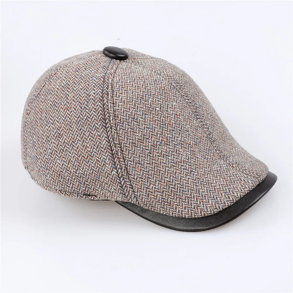 

Men's Wool Belend Cashmere Knitted Fabric Hats Newsboy Caps Patchwork Genuine Sheepskin Leather casquette peaked Visors cap