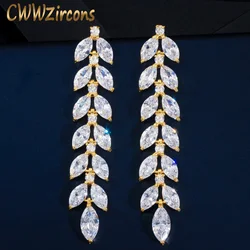 CWWZircons Marquise Cut Cluster CZ Zirconia Crystal Long Dangle Leaf Earrings Gold Plated Bridal Wedding Jewelry for Women CZ603