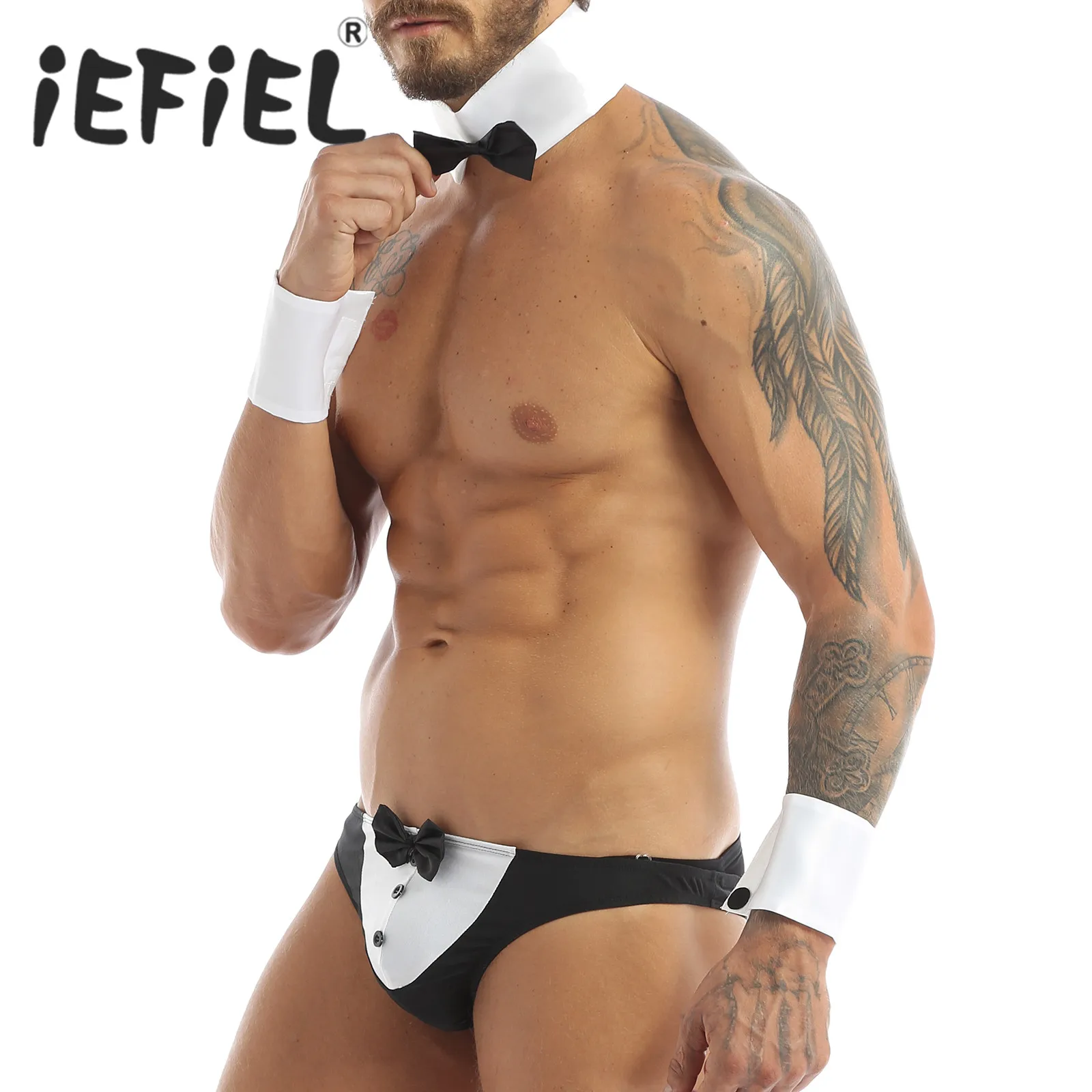 Men Erotic Sexy Roleplay Costume Waiter Tuxedo Accessories Collar and Cuff Set Collar Bracelets Sissy Lingerie Sets with Bow Tie