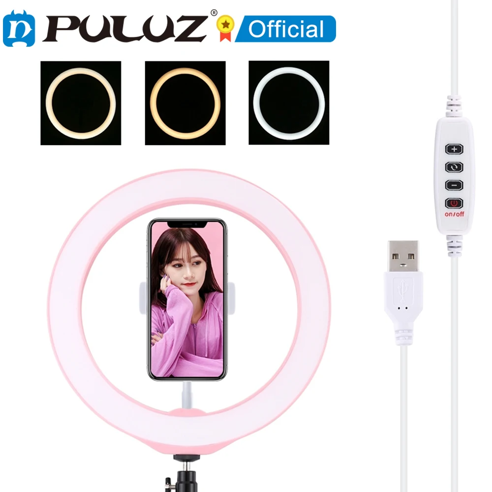 

PULUZ 10 inch USB 3 Modes Dimmable LED Ring Vlogging Selfie Photography Video Lights & Cold Shoe Tripod Ball Head & Phone Clamp