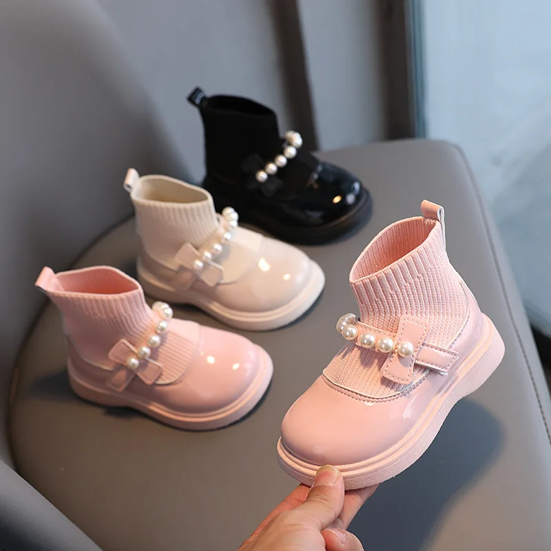 Winter Thick Cotton Girls Sock Shoes Kids Fashion PU Mary Jane Shoes Princess Dress Shoes for Party Children Korean Pearls Shoes