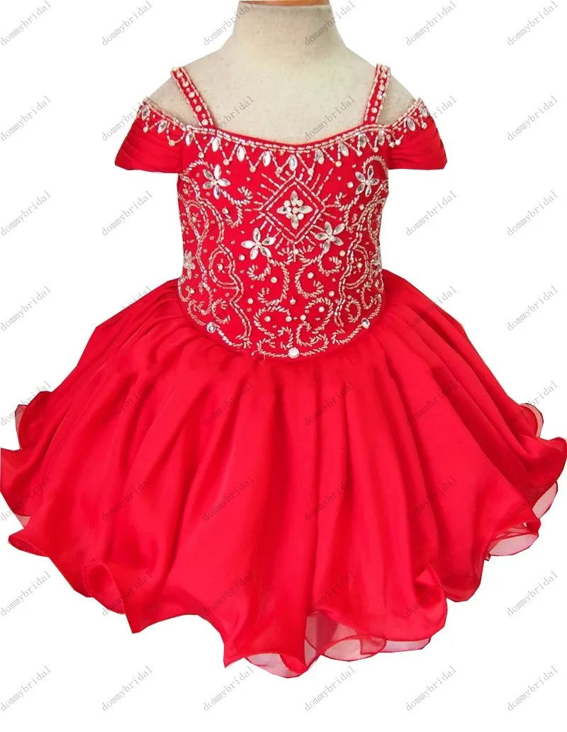 Lovely Red Cupcake Toddler Short Girl's Pageant Gown Chiffon Cold Shoulder Boho Stylish Crystal First Holy Communion Night Dress