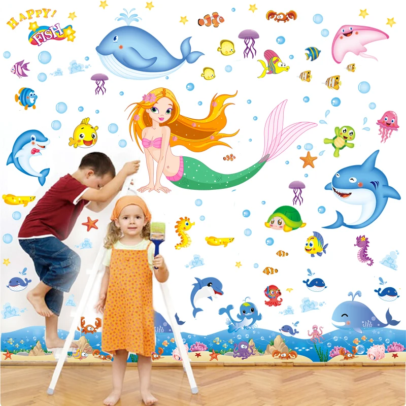 underwater fish bubble wall stickers for kids rooms bathroom glass bedroom home decor cartoon animals wall decals diy mural art