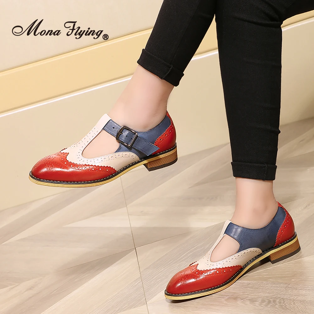 Mona Flying Womens Genuine Leather Mary Jane Loafers Pointed Toe Casual Flats Multicolor Buckle T Strap Shoes for L092-1