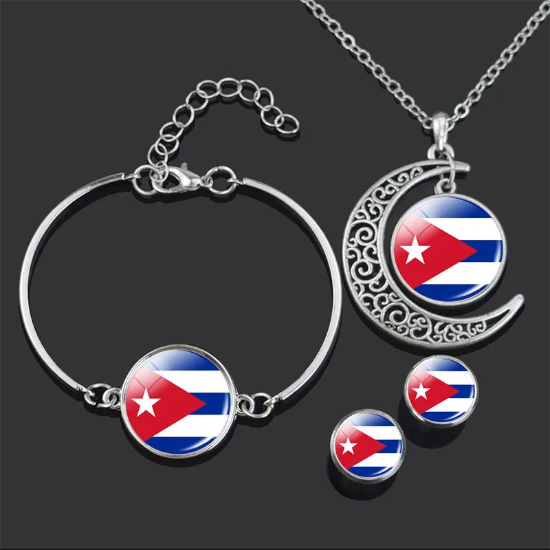 Bracelet Necklace Earrings Jewelry Set Afghanistan Pakistan Cuba Palestine Flag Glass Cabochon Jewelry Set Flag Stud Earrings