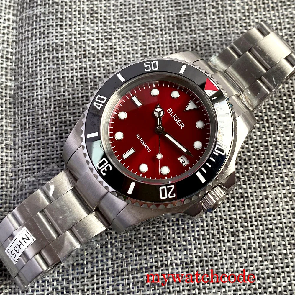 43mm Bliger quadrante rosso vetro zaffiro NH35 MIYOTA 8215 PT5000 braccialetto automatico dell'orologio