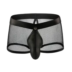 Sexy Men Faux Leather U Convex Pouch Boxers Mesh Sheer Open Crotch COCK Ring Breathable Underwear Gay Wear Plus Size F11