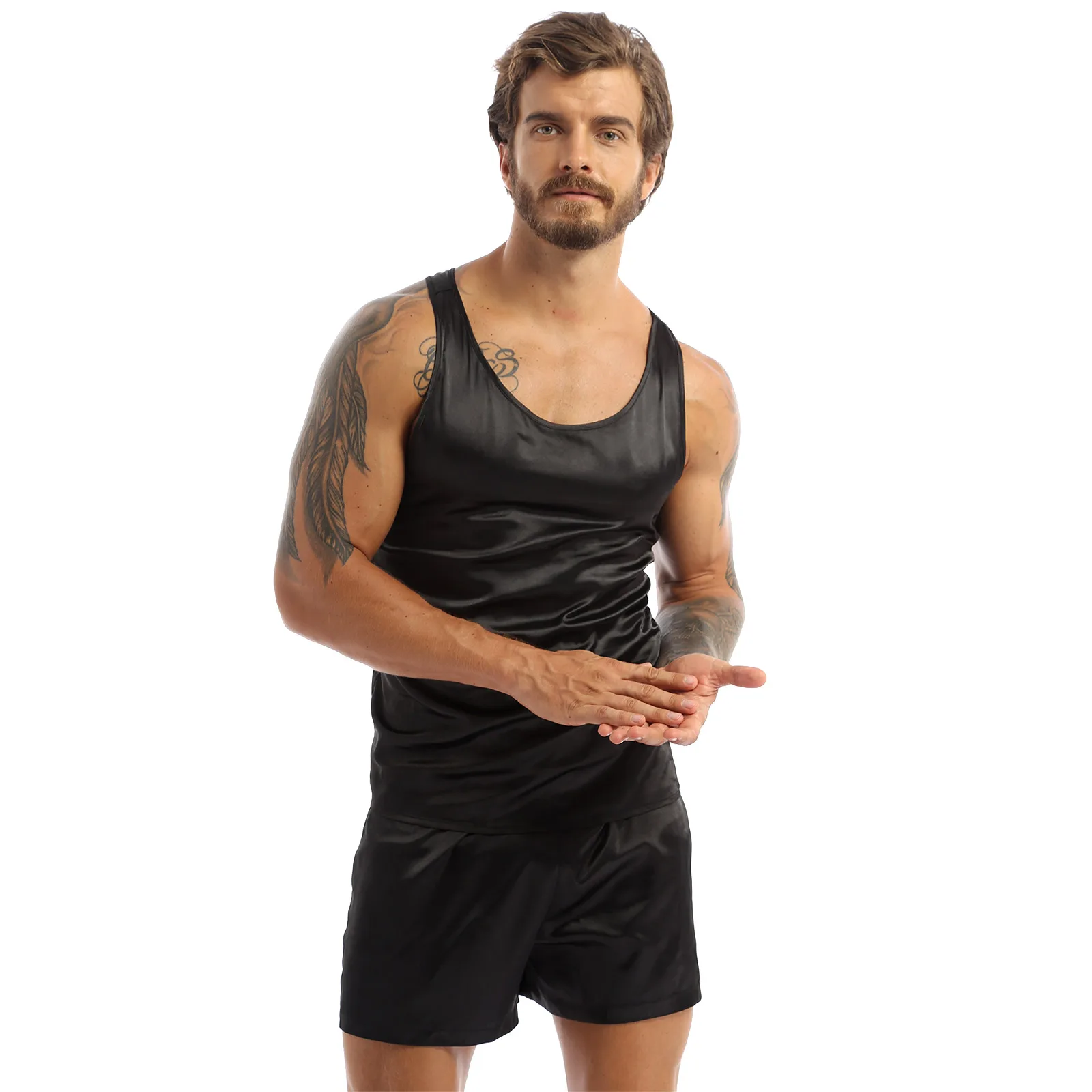 Men Satin Pajamas Set Sleeveless Tank Top Sleep Shorts Bottoms Summer Casual Sport Loungewear Sleepwear Nightwear Home Clothes