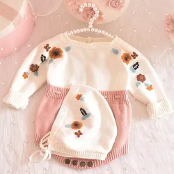 Baby knitting Bodysuit Baby Girl Clothes Long sleeve Newborn Embroidery Autumn Knitted Romper Hat Set Baby Infant Girl Clothing