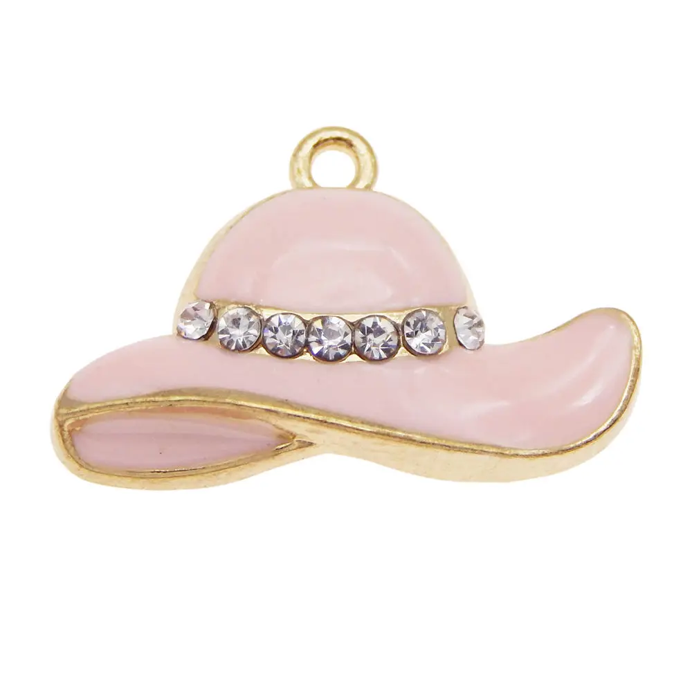 GraceAngie 4pcs Alloy Enamel Hat Charm With Rhinestone Fashion Pink White Color Pendant For Women Bracelet DIY Making Findings