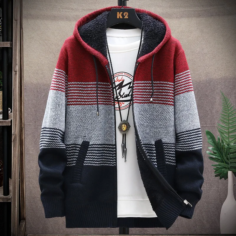 Áo Khoác Cardigan Nam Áo Len Áo Khoác Mùa Đông Trang Áo Len Dệt Kim Áo Khoác Nam Áo Len SọC Áo Khoác Ấm Dây Kéo Len Trùm Đầu Cardigan Nam