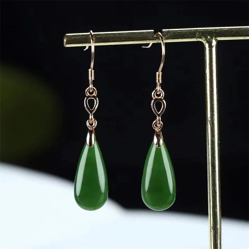 Hot Selling / Hand-carved 925 Silver Gufajin Inlaid Jasper Water Droplets Earrings Studs Fashion Jewelry Women Luck Gifts