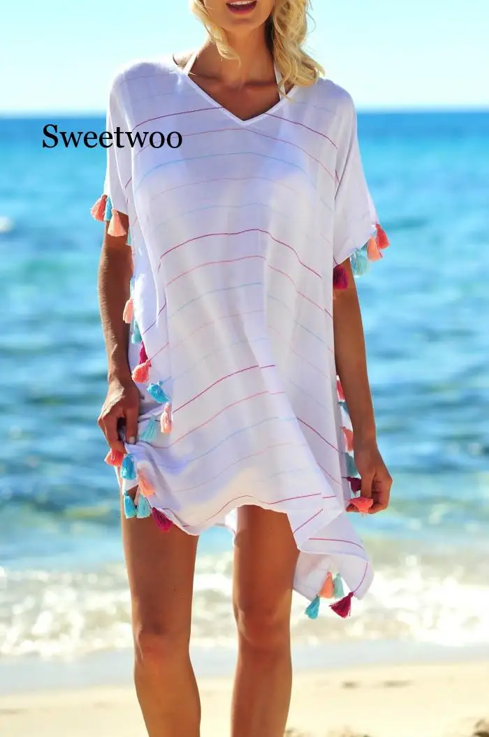 

2020 Women Beach Short Tunic Cover-Ups Vestidos Solid V Neck Sundress Loose Party Bikini Cover