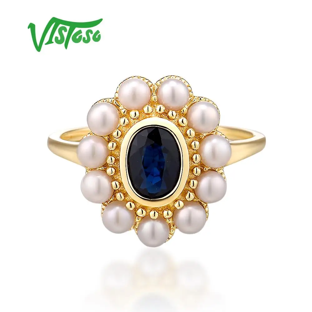 VISTOSO Gold Rings For Women Genuine 14K 585 Yellow Gold Ring Natural Blue Sapphire Fresh Water Pearl Luxury Trendy Fine Jewelry