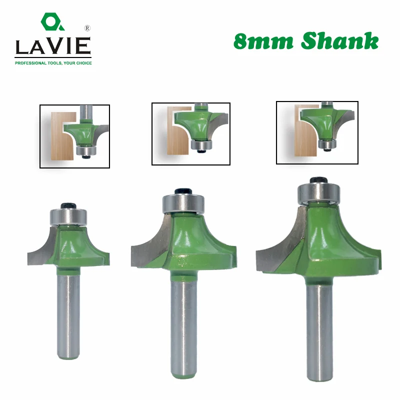 LAVIE 3pcs 8mm Corner Round Over Router Bit With Bearing 1/2