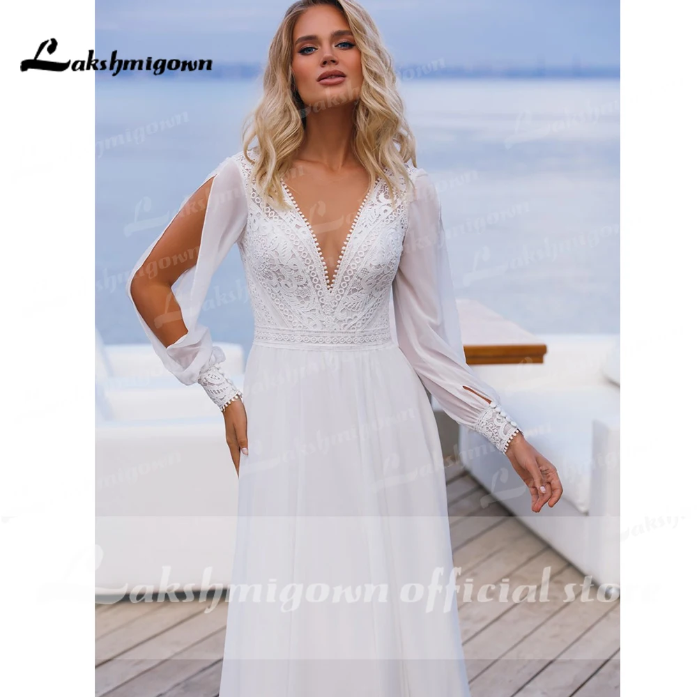 Eenvoudige Boho Trouwjurk Aangepaste Robe Longue Vintage Kant Chiffon Lange Trouwjurken Chique Bruidsjurken