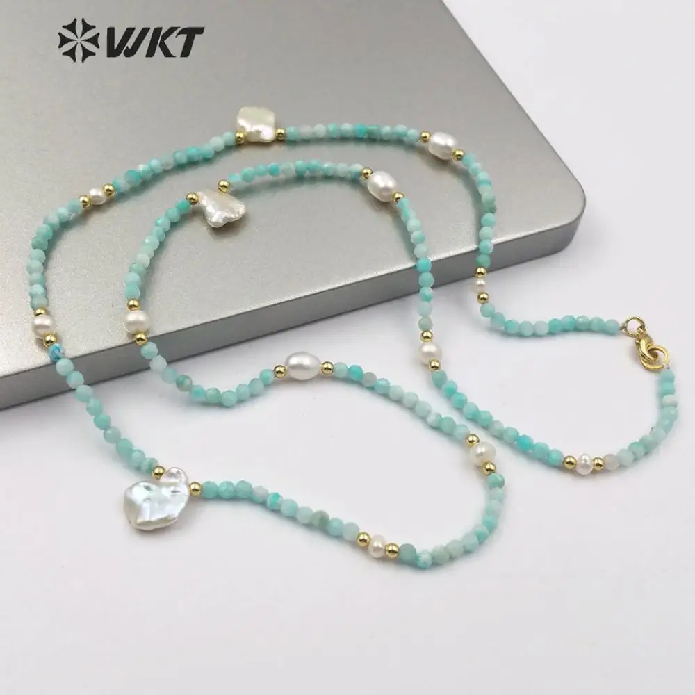 WT-N1181 WKT Natural Stone Necklace Gold Dipped ＆ Pearl And 3mm Amozonite Faceted Beads Accessory Women Fashion Jewelry
