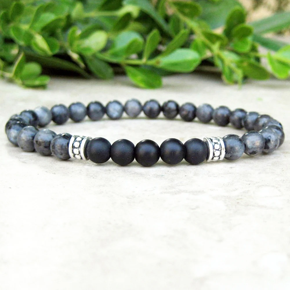 MG0715 6 mm Gray Larvikite Black Onyx Bracelet Mala Healing Bracelet New Calming Stress Bracelet Yoga Spiritual Bracelet