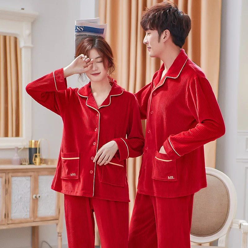 

Festive Red Wedding Island Velvet Pajamas Set For Lovers Solid Colour Couples Thick Flannel Sleepwear Pijama Hombre Pijama Mujer