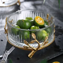 Mini Crystal Brass Fruit Bowl American Luxury Clear Glass Salad Bowls Golden Branches Embellishment Transparent Snack Dishes