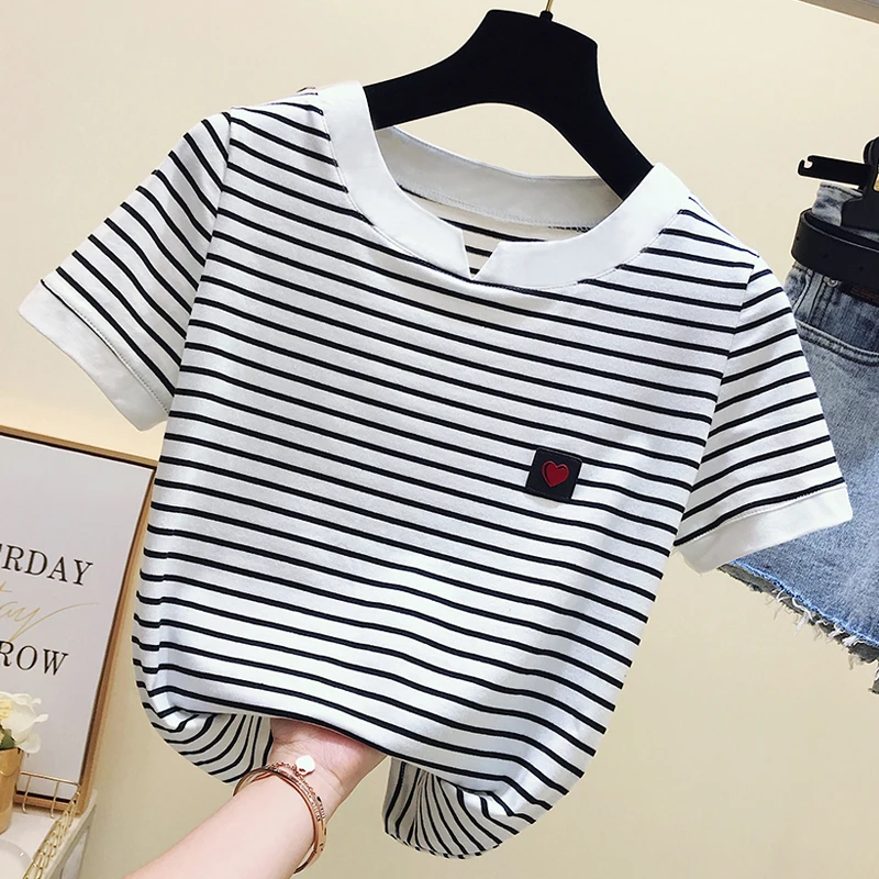 gkfnmt Poleras Mujer Tshirt Femme 2021 Stripe Female T Shirt Women Cotton Slim T-Shirt Woman Summer Camiseta Feminina Casual