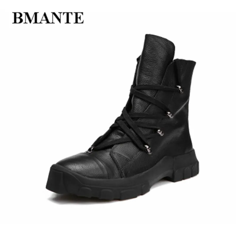 Bmante Men Boots Winter Genuine Leather Handmade Trainers Basic Ankle Boots High Top Lace up Shoes Gothic Dark Owen Sneakers