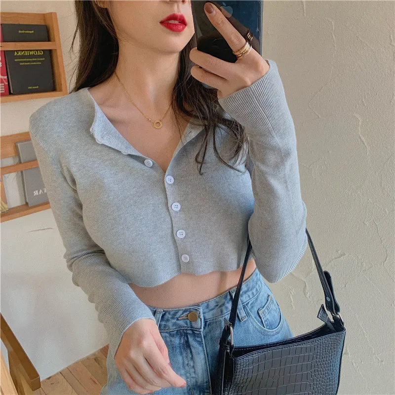 Long Sleeve Cropped Cardigan Women Vintage Button Up Knitted Cardigan Top Korean Cute Black White Gray Blue Red Short Cardigan