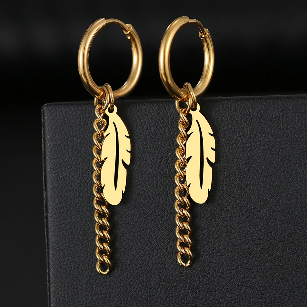 Stainless Steel Earrings Fashion Unisex Punk Gothic Feather Chain Hip Hop Pendants Gold Color Earrings For Women Jewelry Gifts