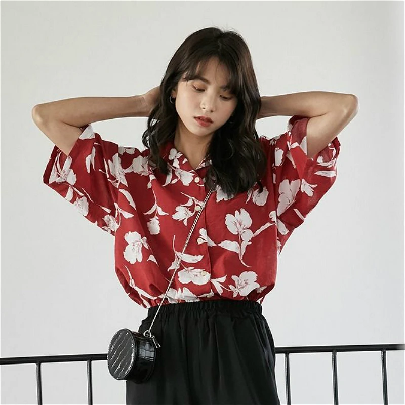 Blouses Women Harajuku Fresh Floral Korean Chic Turn-down Collar College Girls Blouse Design All-match Summer Trendy Ladies Tops