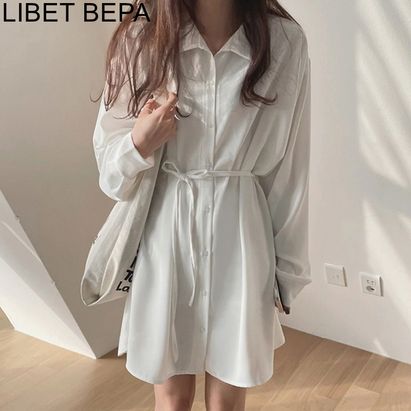 2024 New Women Spring Summer Shirt Dresses Fashionable Elegant High Waist Vintage Korean Style Lace Up Mini White Dress DR3299