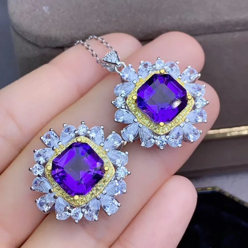 

100% Natural Real Amethyst jewelry set Natural Real Amethyst 925 sterling silver 1pc pendant,1pc ring